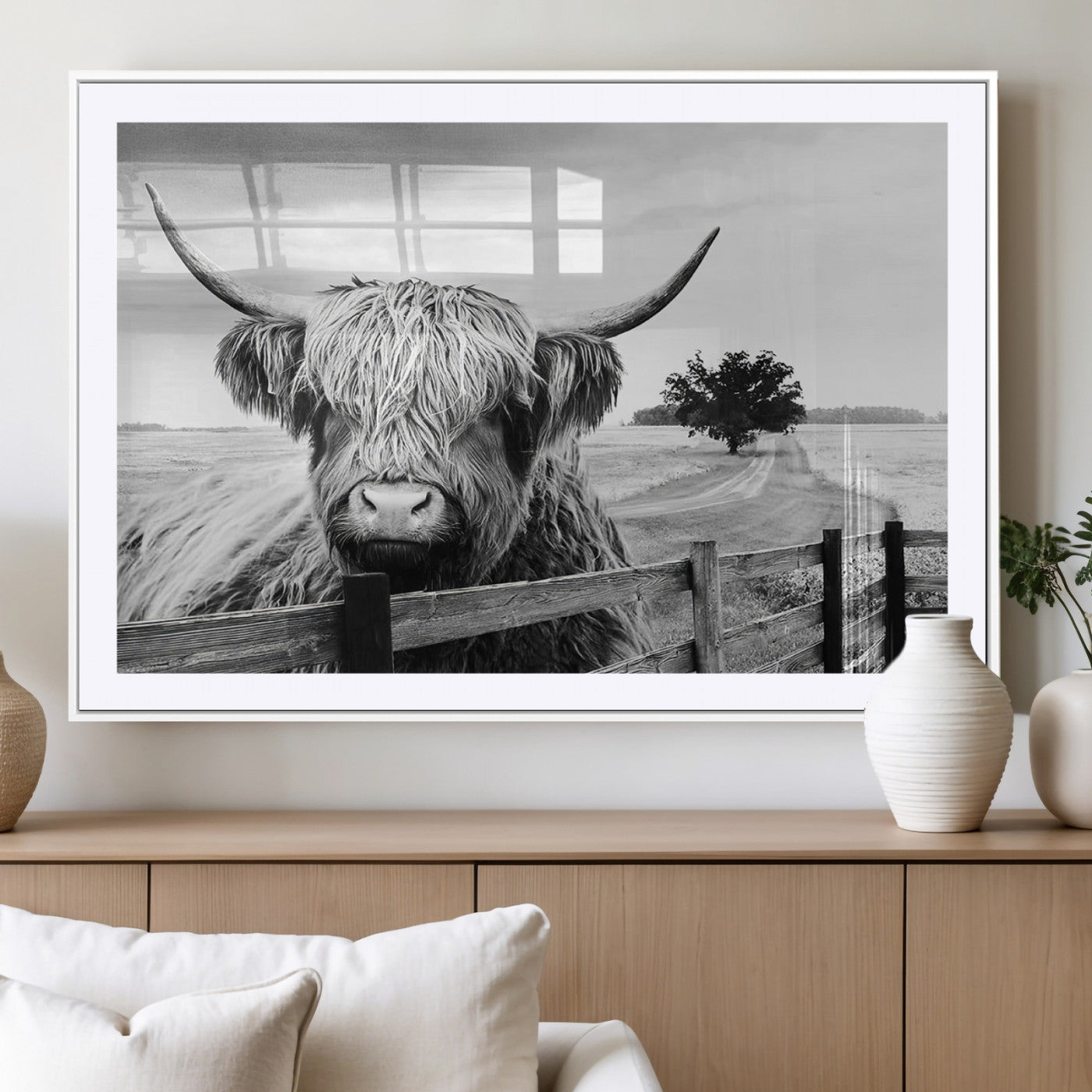 MGC-FP-36x24 - Scottish Highland Cow Wall Art | Rustic Farmhouse Décor | Black and White Ready to Hang Canvas Print