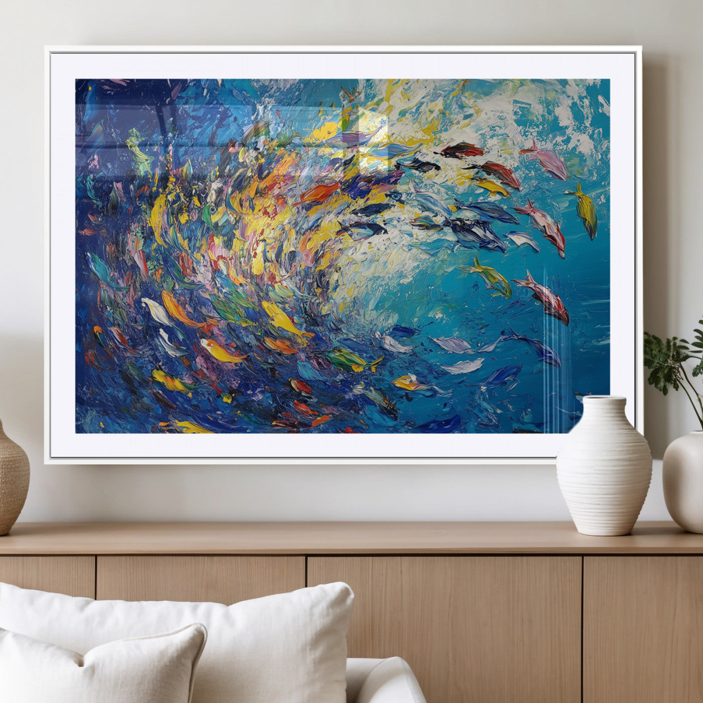 MGC-FP-36x24 - Colorful Swirling Fish School Wall Art Canvas Print | Oceanic Abstract Painting | Ready to Hang |