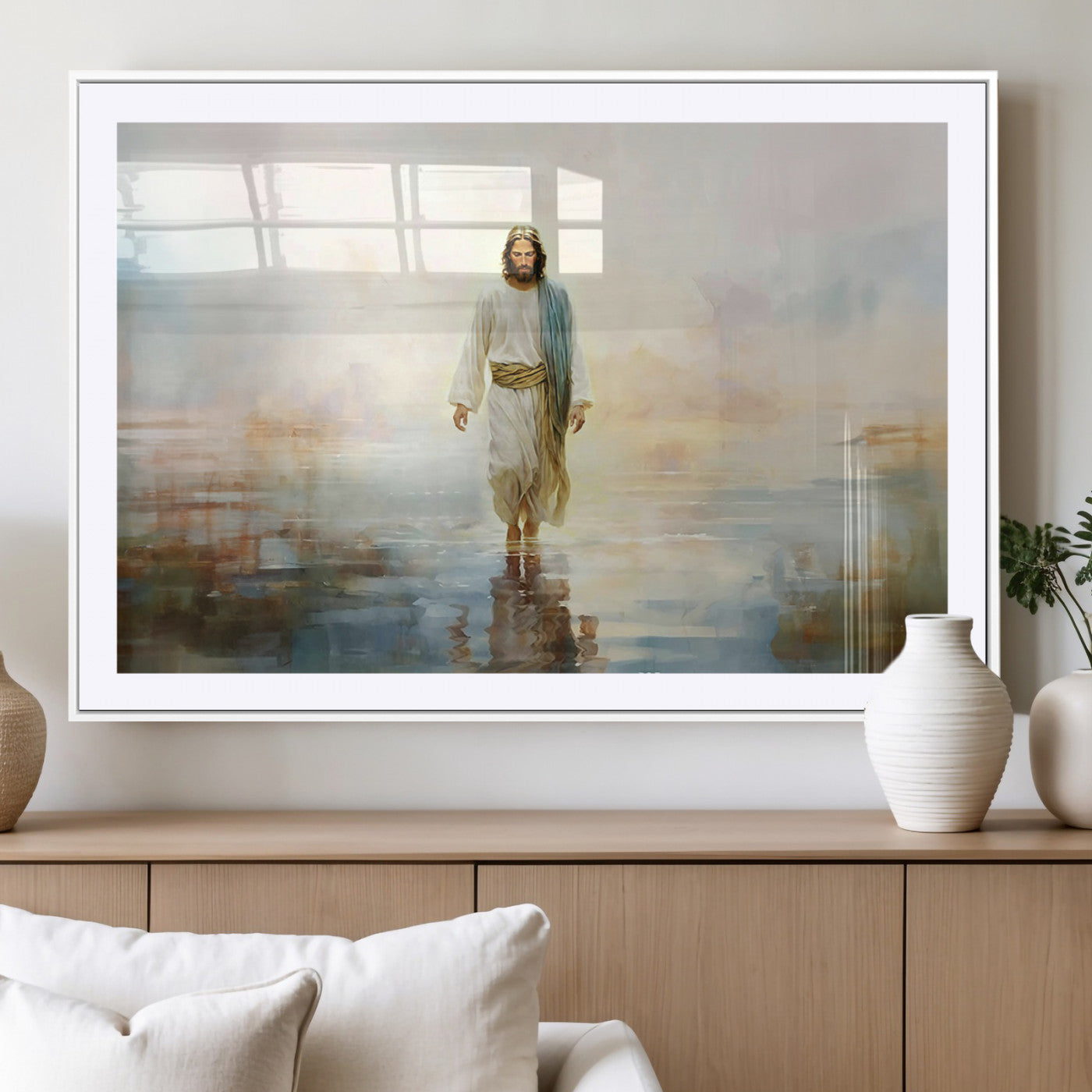 MGC-FP-36x24 - Framed Jesus Walking on Water Wall Art - 3-Panel Christian Canvas Prints, Religious Artwork for