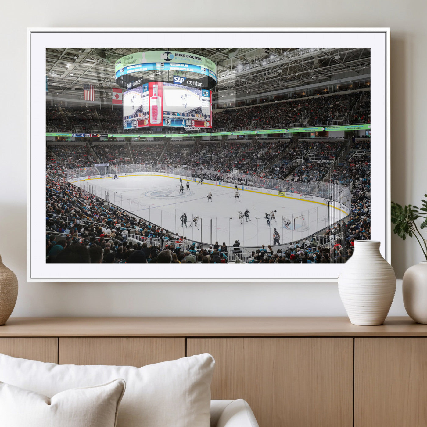 MGC-FP-36x24 - Sharks Arena Blackhawks Sharks Ice Hockey Stadium Wall Art Canvas Print, Framed Blackhawks Sharks