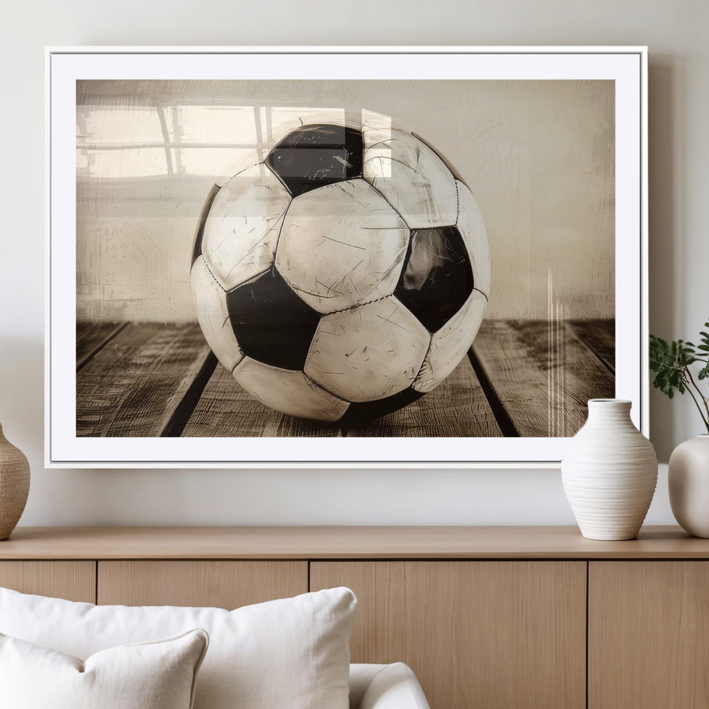 MGC-FP-36x24 - Vintage Soccer Ball Wall Decor Canvas Art – 3-Panel Soccer Wall Decor, Framed and Ready to Hang