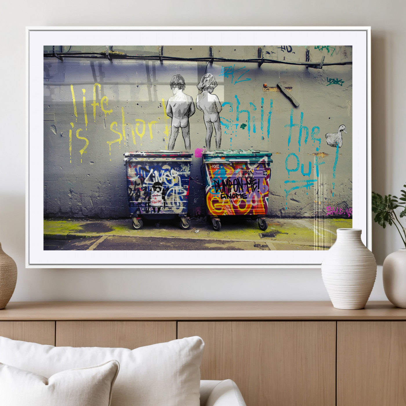 MGC-FP-36x24 - Banksy Life is Short Wall Art - Iconic Graffiti Art on Framed Ready-to-Hang Canvas - Street Art