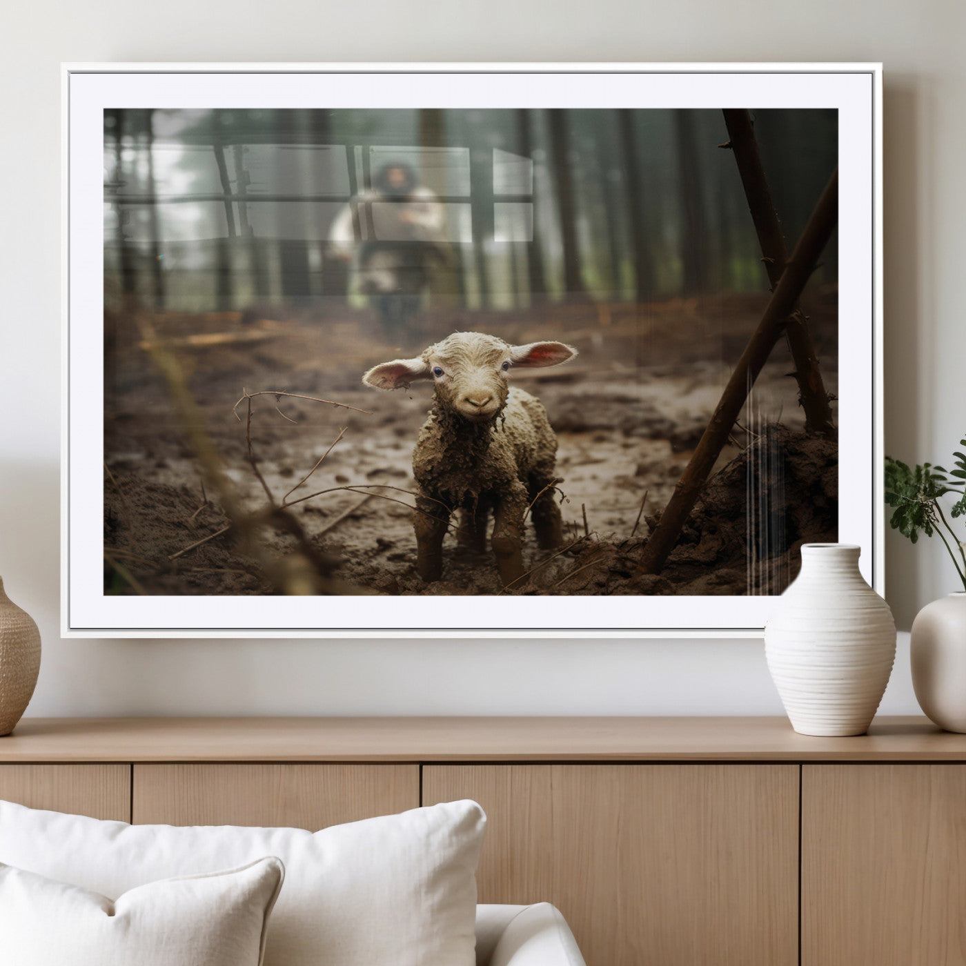 MGC-FP-36x24 - Jesus Running After a Lost Lamb Canvas Wall Art Print