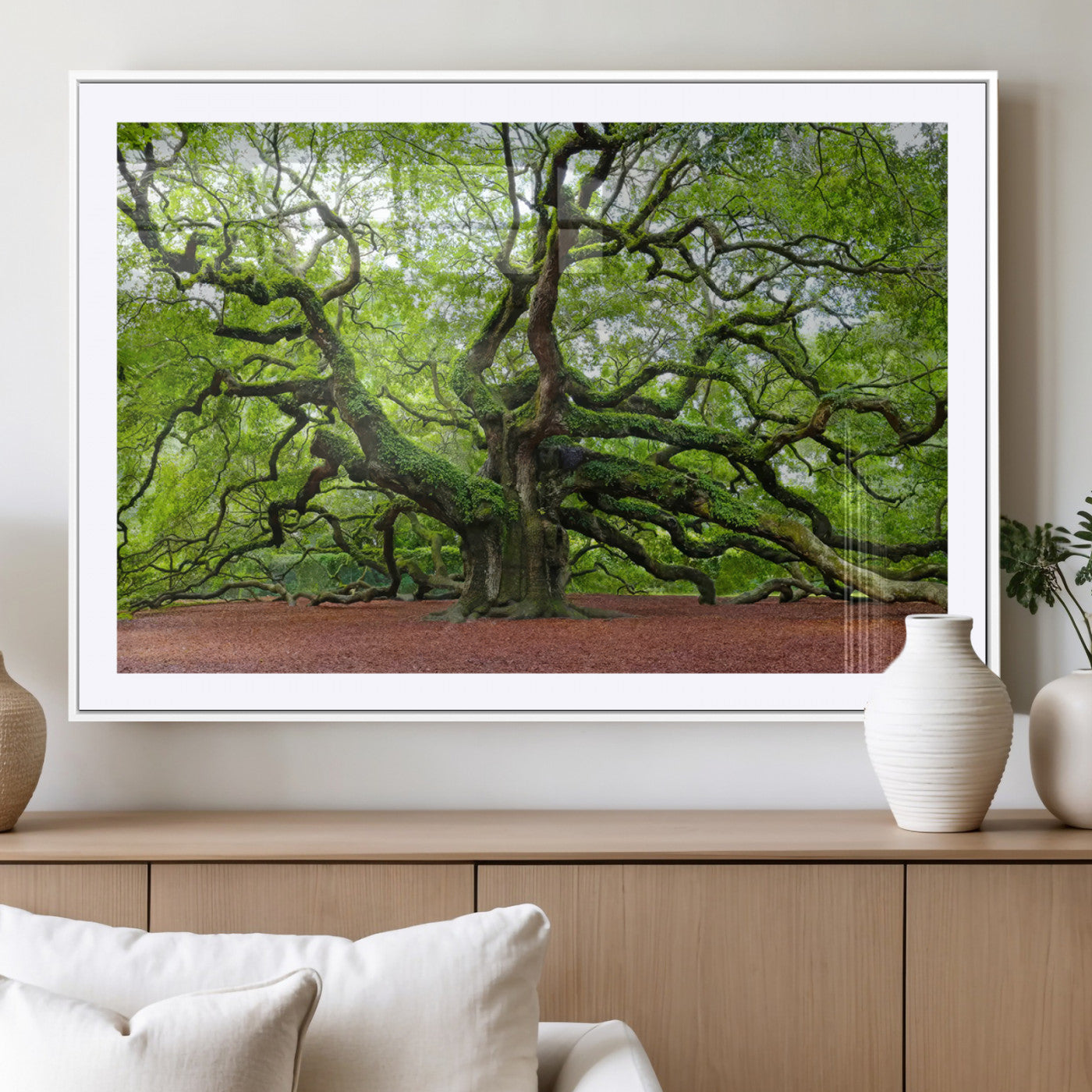 MGC-FP-36x24 - Framed Angel Oak Tree Wall Art - 3-Panel Canvas Prints, Large Green Nature Artwork, Ready to Hang