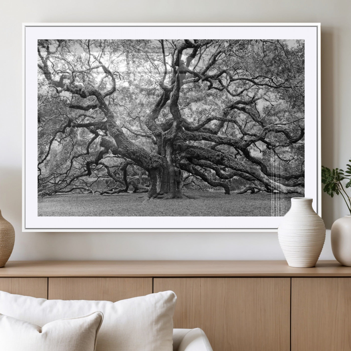 MGC-FP-36x24 - Black White Angel Oak Tree Wall Art - Timeless Nature-Inspired Canvas for Rustic, Modern, or