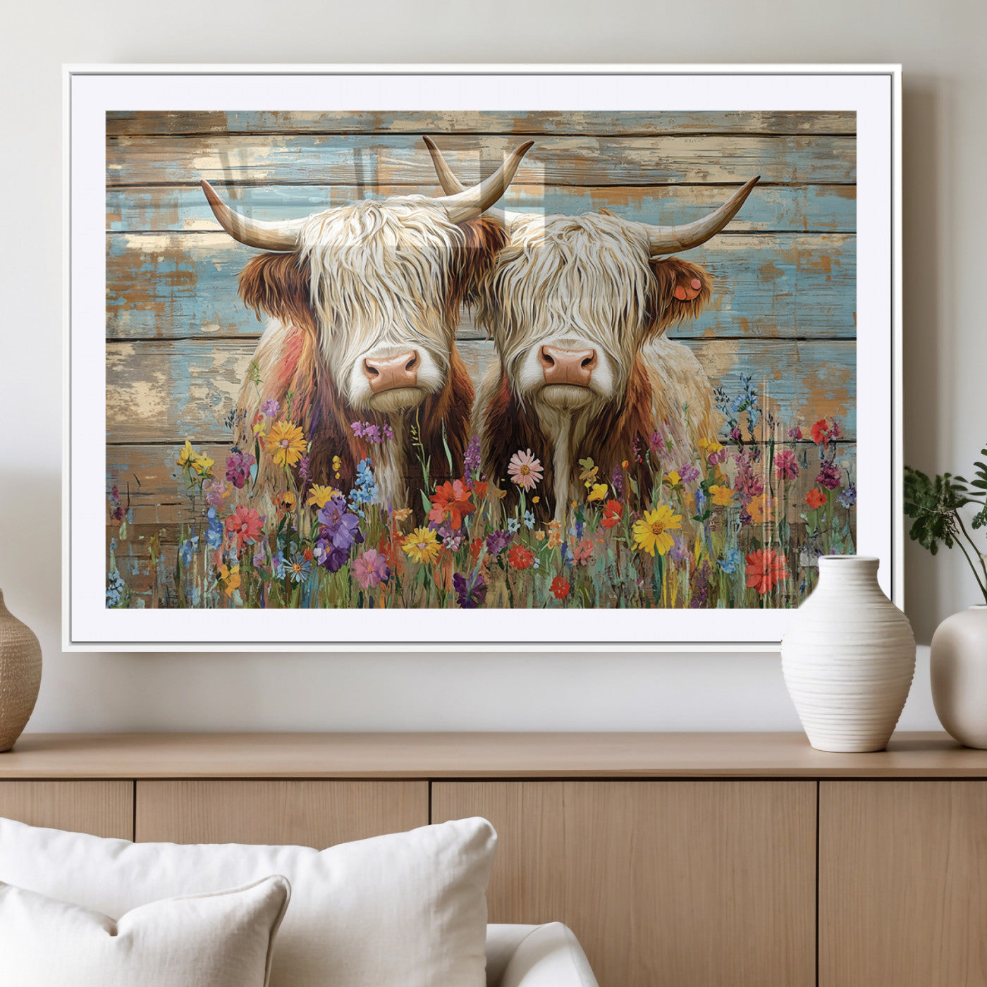 36972-MGV-CV-36X24 - Cute Highland Cow Canvas Wall Art - Rustic Farmhouse Decor with Colorful Flowers Perfect Wall Art