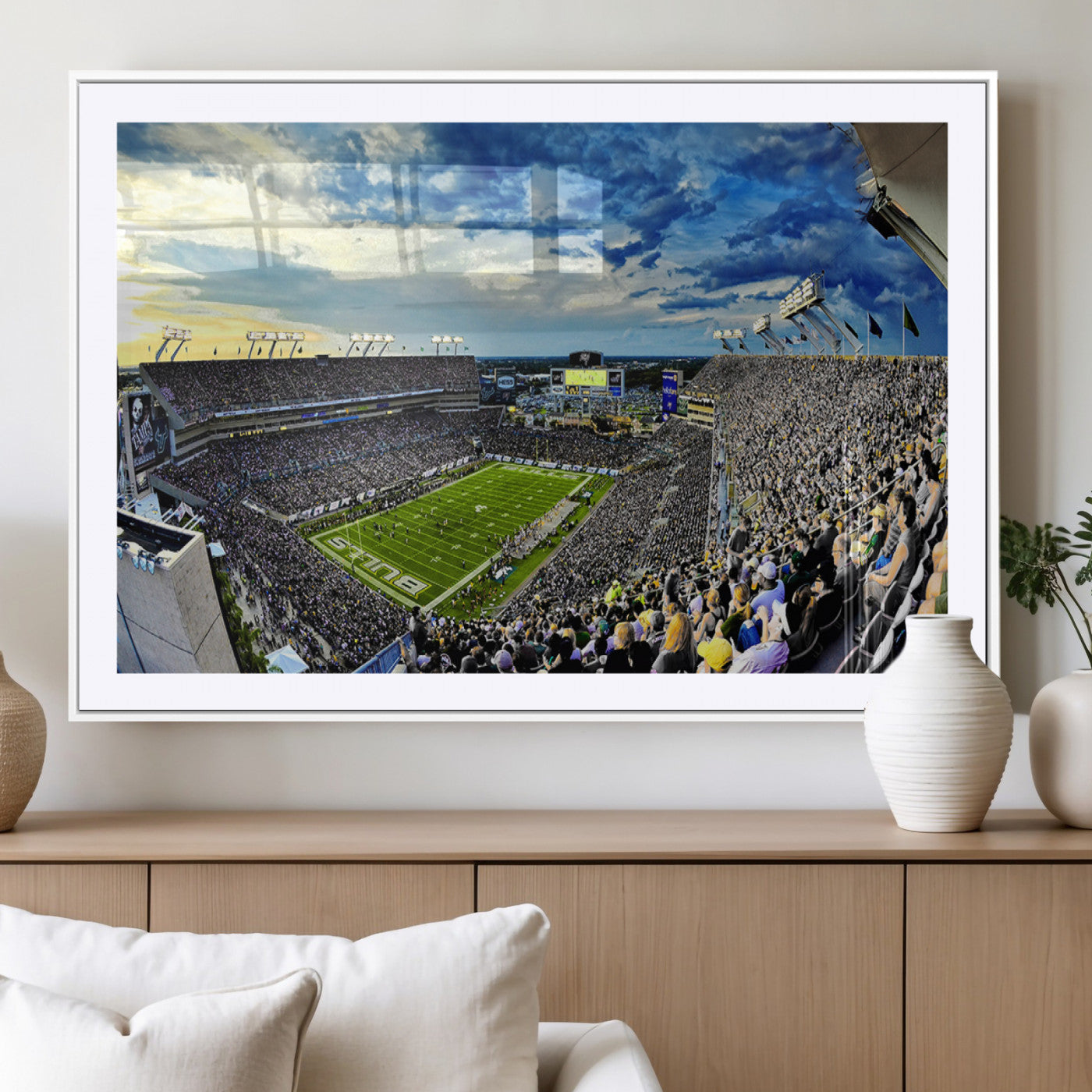 MGC-FP-36x24 - Framed USF Bulls Football Team Print - Tampa Raymond James Stadium Wall Art Canvas Print