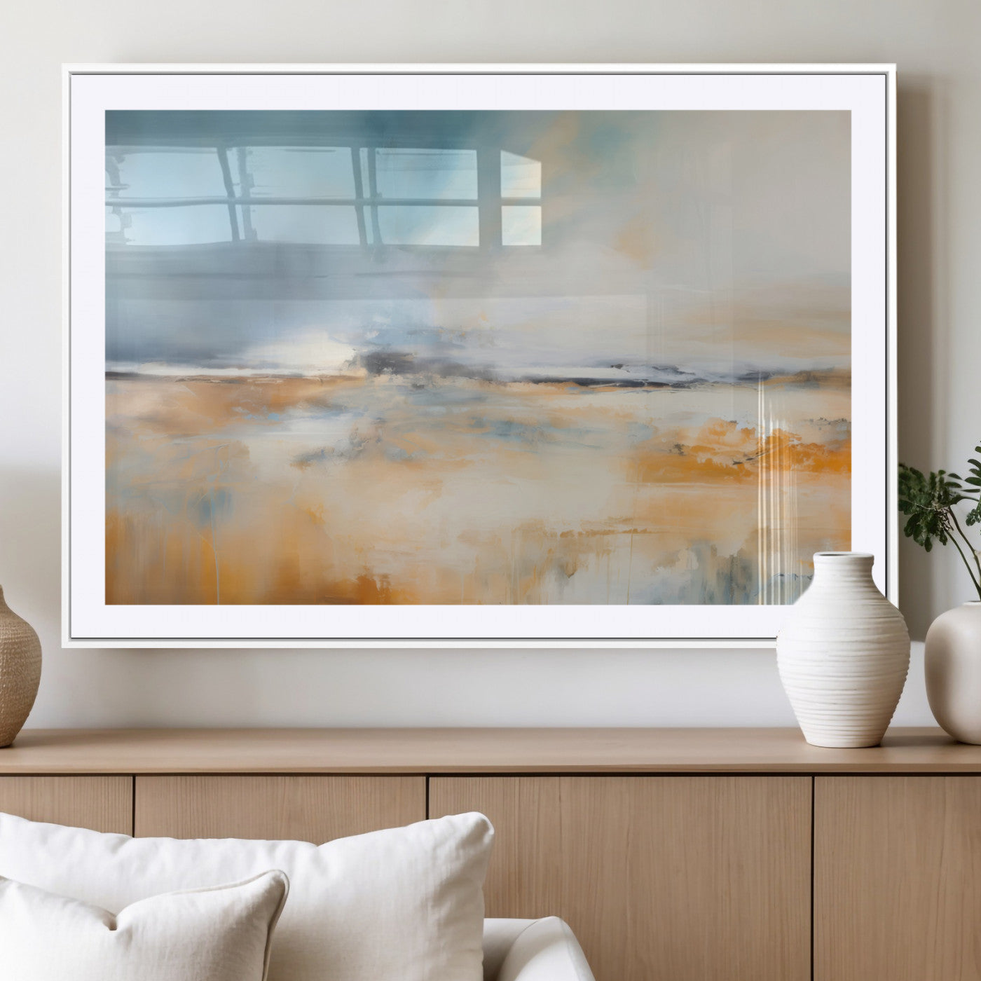 -Abstract Landscape Wall Art Canvas Print - Warm Tones of Orange and Blue, Modern Framed Art for Home