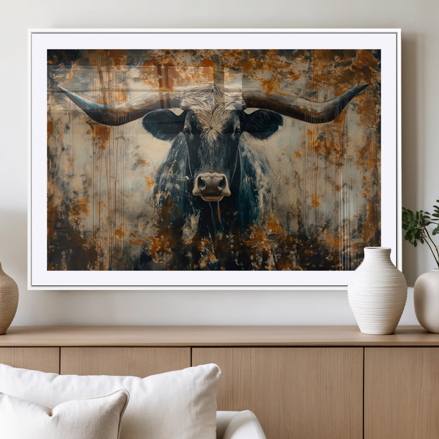 MGC-FP-36x24 - Abstract Longhorn Bull Wall Art | Rustic Western Wall Decor | Framed and Ready to Hang | Ideal for