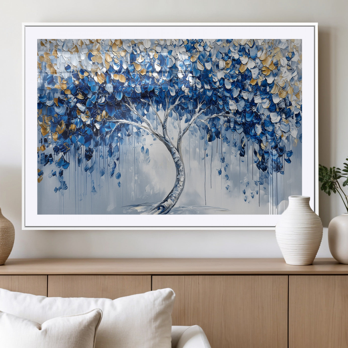 MGC-FP-36x24 - Blue and Gold Abstract Tree Wall Art Canvas Print | Modern Tree of Life Painting | Framed Canvas