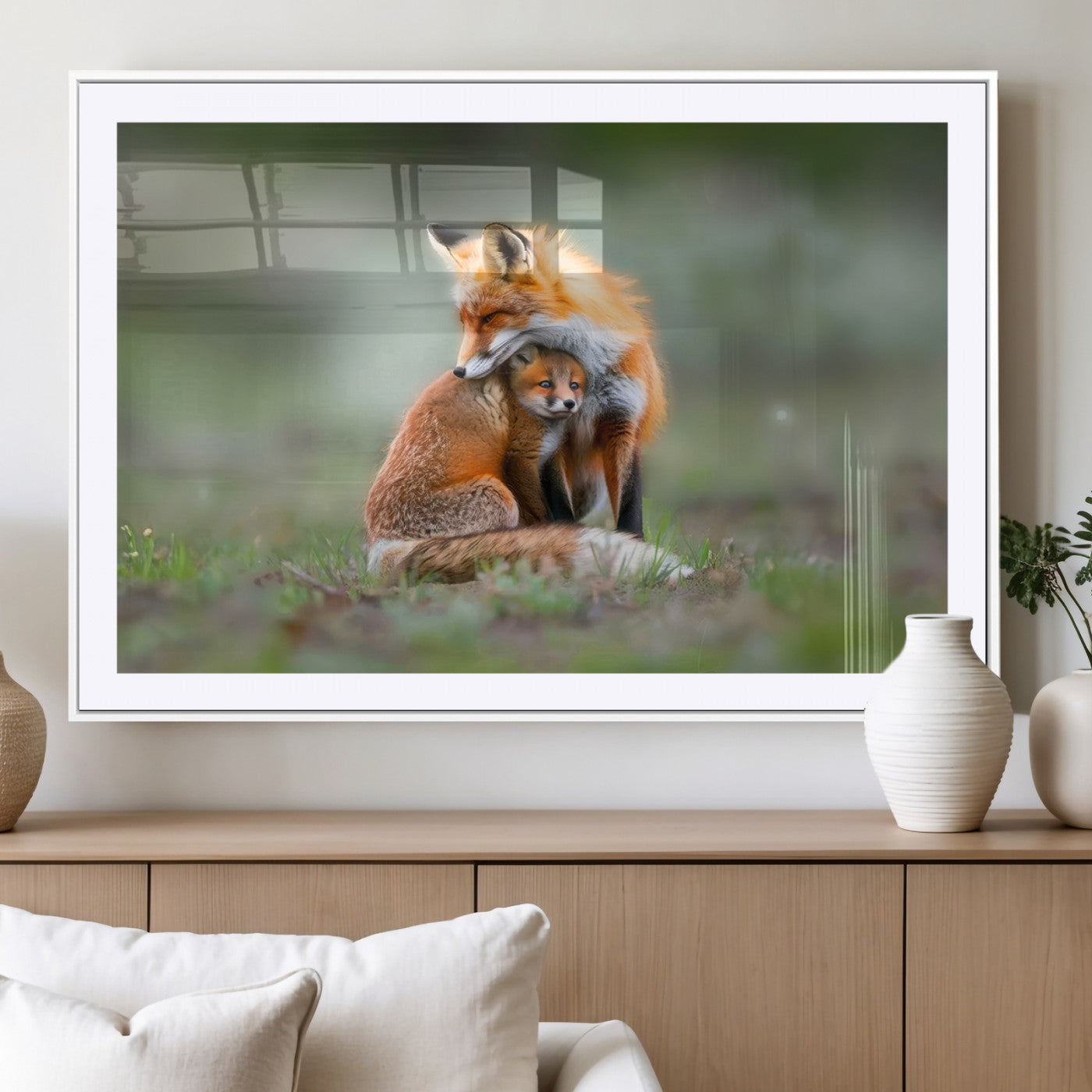 MGC-FP-36x24 - Heartwarming Fox and Baby Cub Wall Art | Ready to Hang Canvas Print of Foxes in Nature | Perfect for