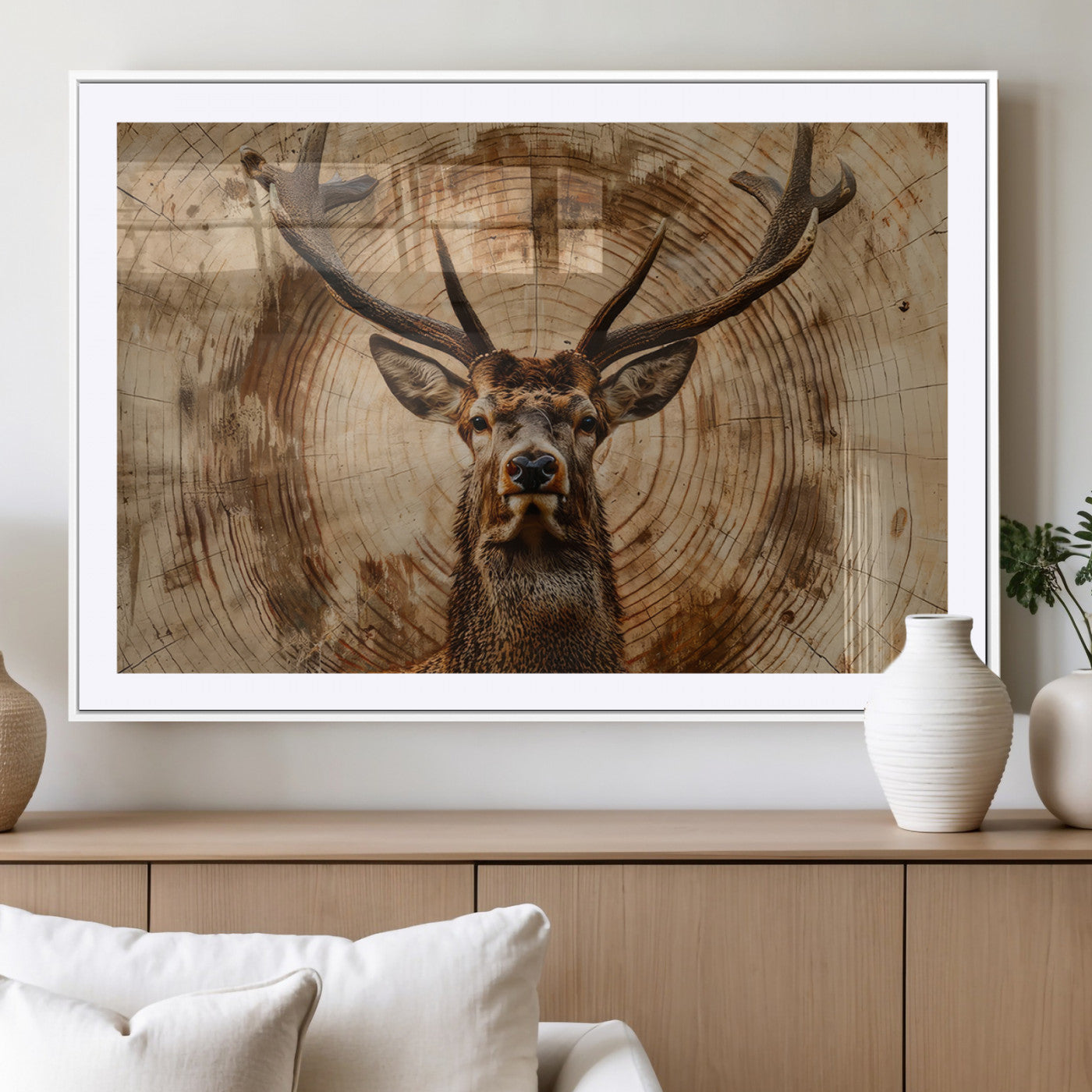 MGC-FP-36x24 - Wood Abstract Deer Wall Art | Rustic Wildlife Canvas Print | Ready to Hang Stag Head Triptych for