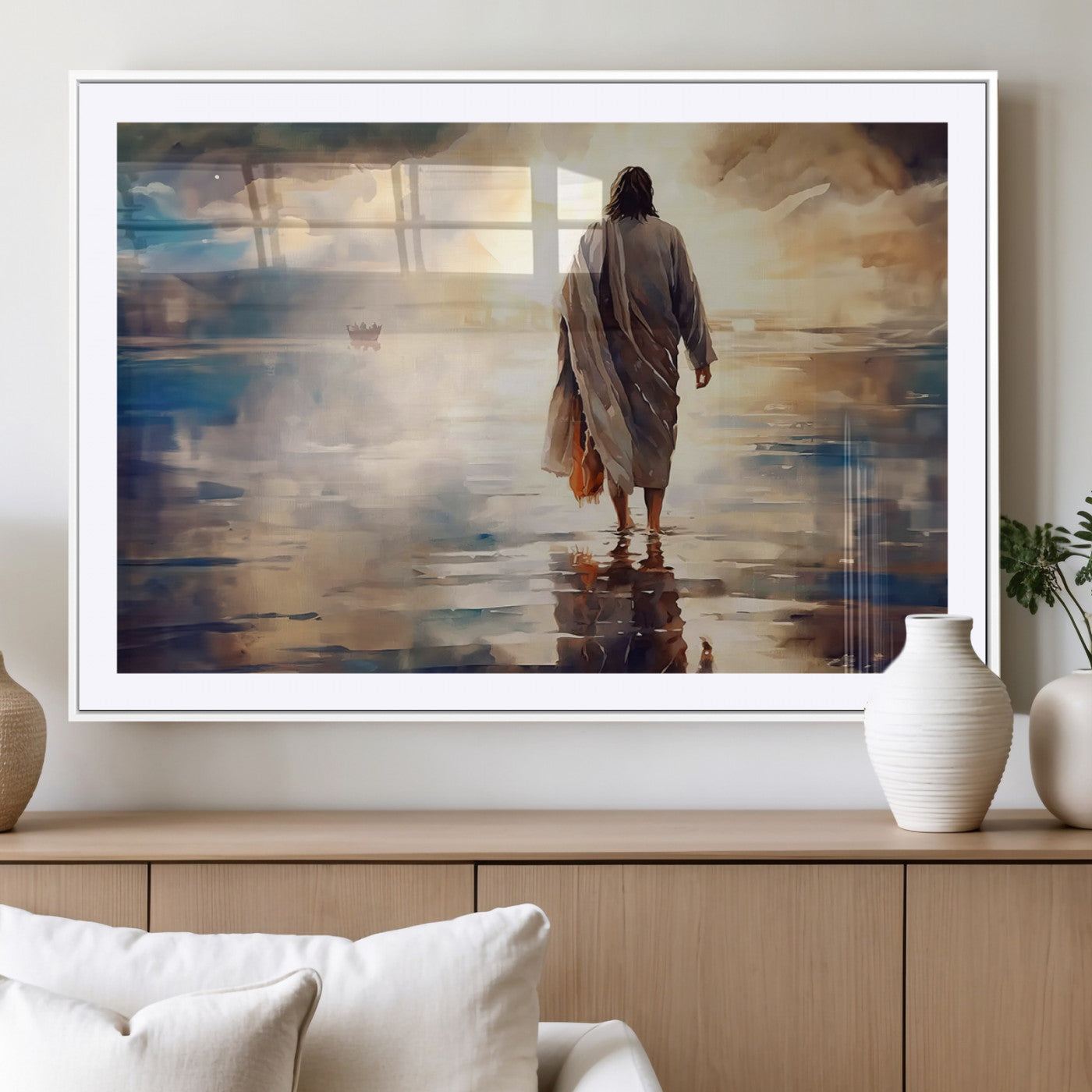 MGC-FP-36x24 - Jesus Walking on Water Wall Art | Ready to Hang Spiritual Triptych Canvas Print | Inspirational
