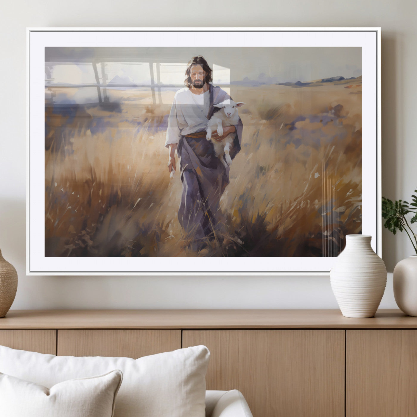 MGC-FP-36x24 - Jesus the Good Shepherd Wall Art Canvas Print - Lost Lamb Print for Prayer Room Decor