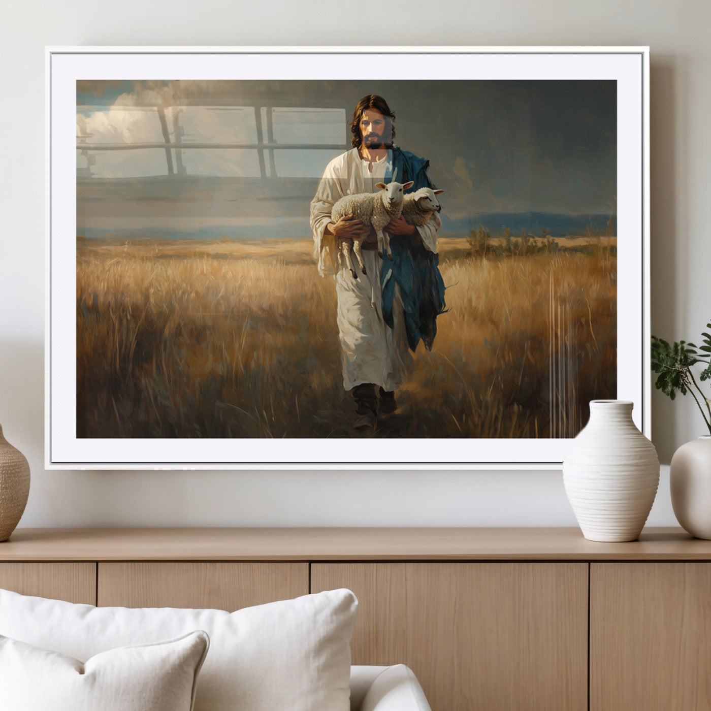 MGC-FP-36x24 - Jesus Shepherd Wall Art | Ready to Hang Triptych Canvas of Jesus Holding a Lamb in a Field |