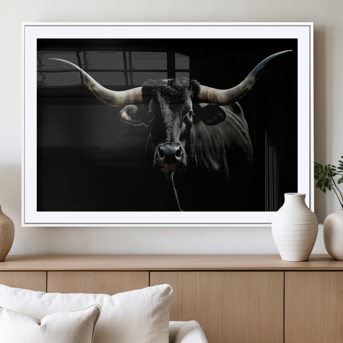 MGC-FP-36x24 - Texas Black Longhorn Bull Wall Art Canvas Print - Western Texas Cattle Rustic Decor Print - Longhorn