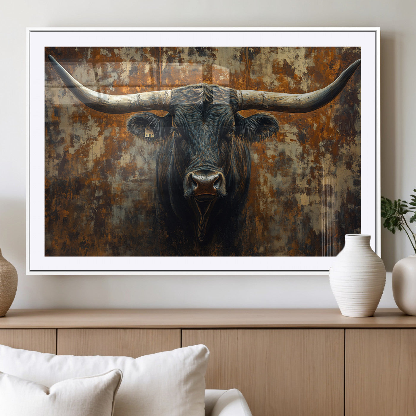 MGC-FP-36x24 - Longhorn Texas Cow Bull Wall Art | Rustic Farmhouse Canvas Print | Ready to Hang Barn Decor for