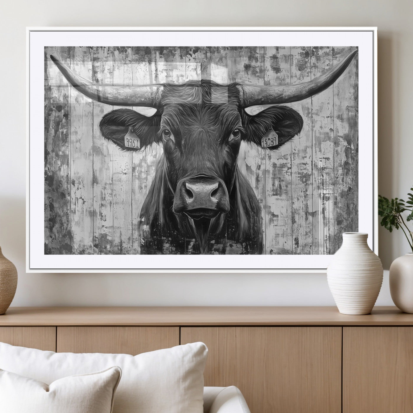 MGC-FP-36x24 - Abstract Longhorn Bull Wall Art Canvas Print - Rustic Texas Western Cow Artwork