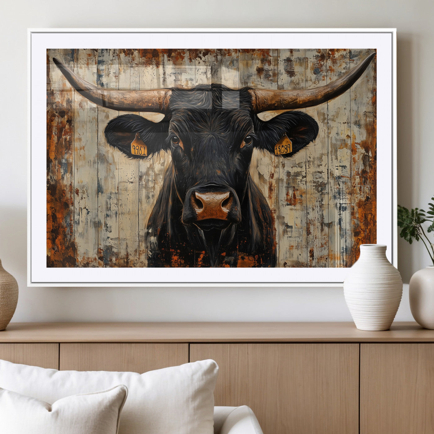 MGC-FP-36x24 - Rustic Texas Artwork Wall Art Canvas Print - Abstract Cow Longhorn Bull Wall Art Canvas Print
