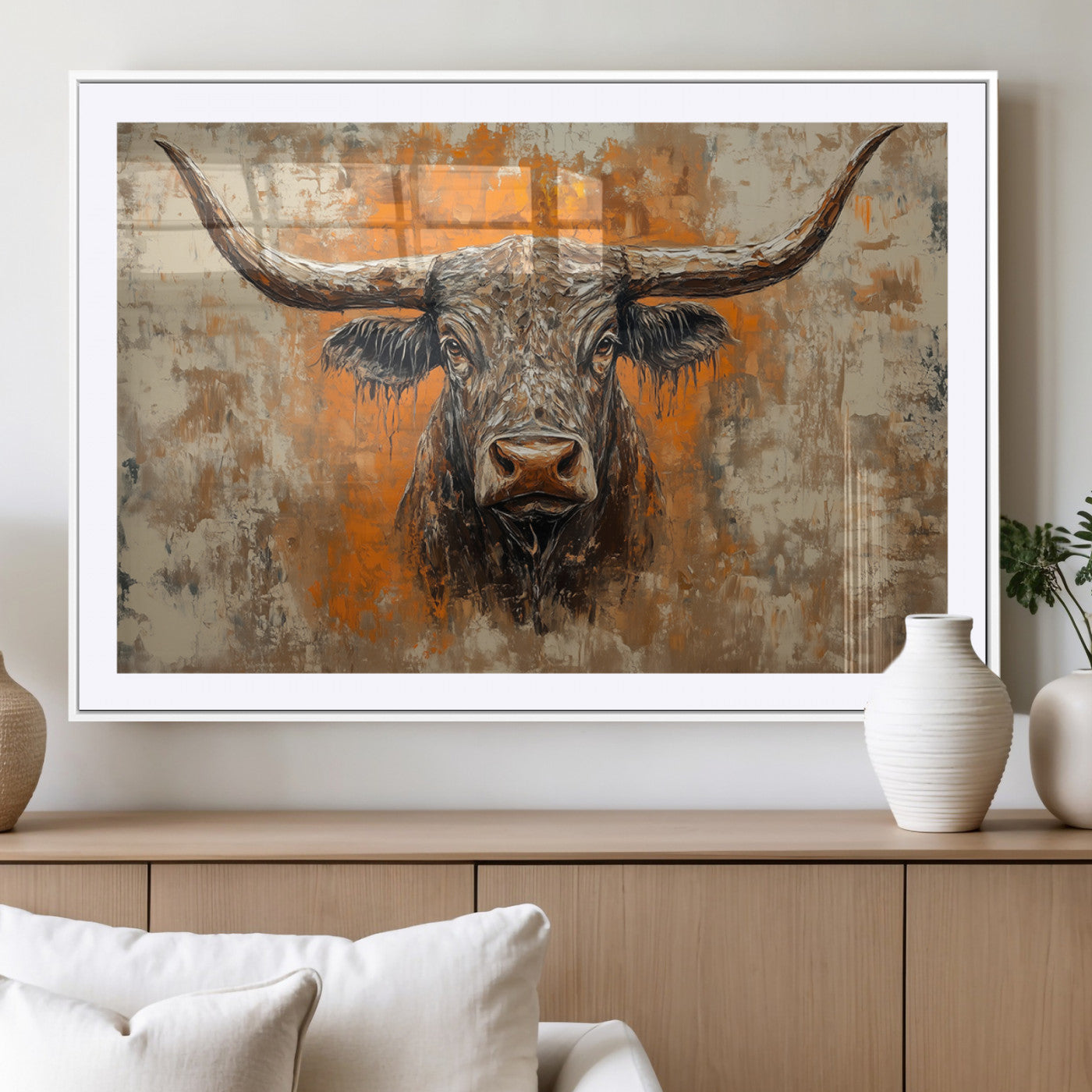 MGC-FP-36x24 - Abstract Cow Longhorn Bull Wall Art Canvas Print - Rustic Texas Western Cattle Artwork