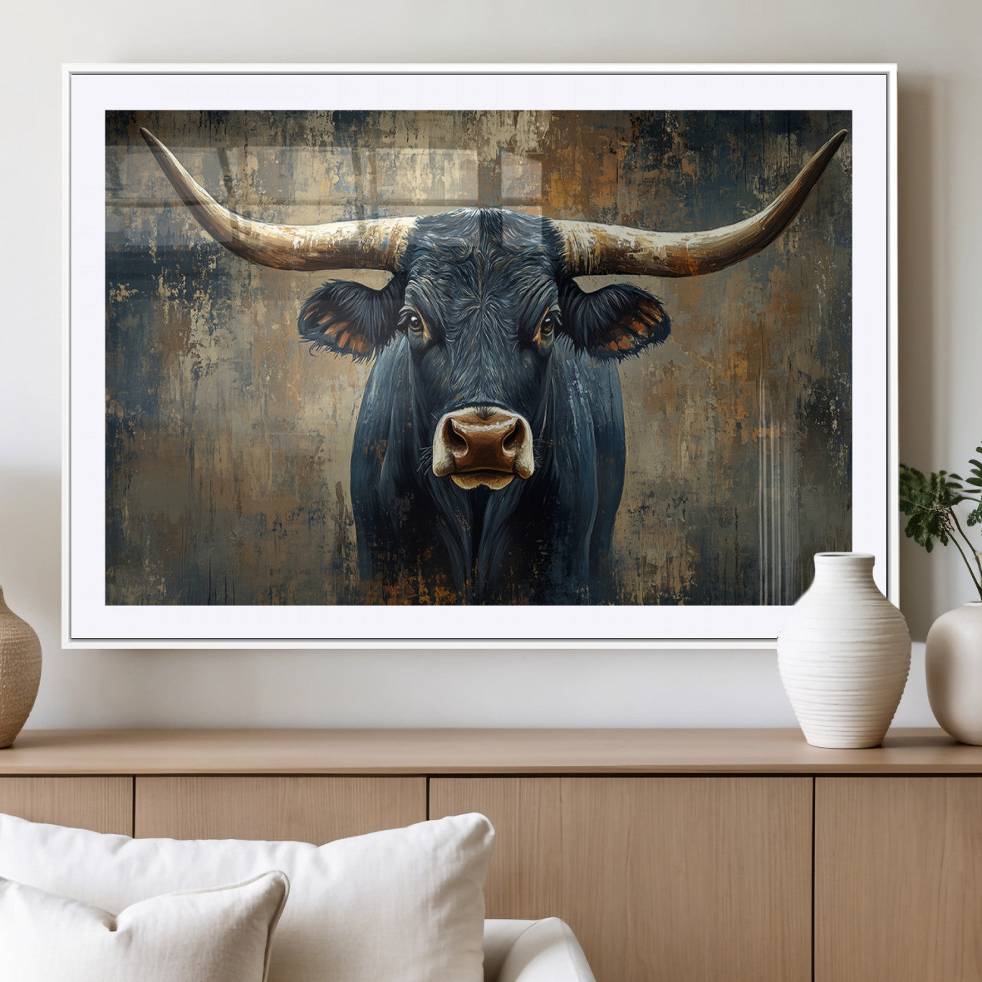 MGC-FP-36x24 - Texas Western Wall Art Canvas Print - Abstract Cow Longhorn Bull Wall Art Canvas Print - Rustic Cow