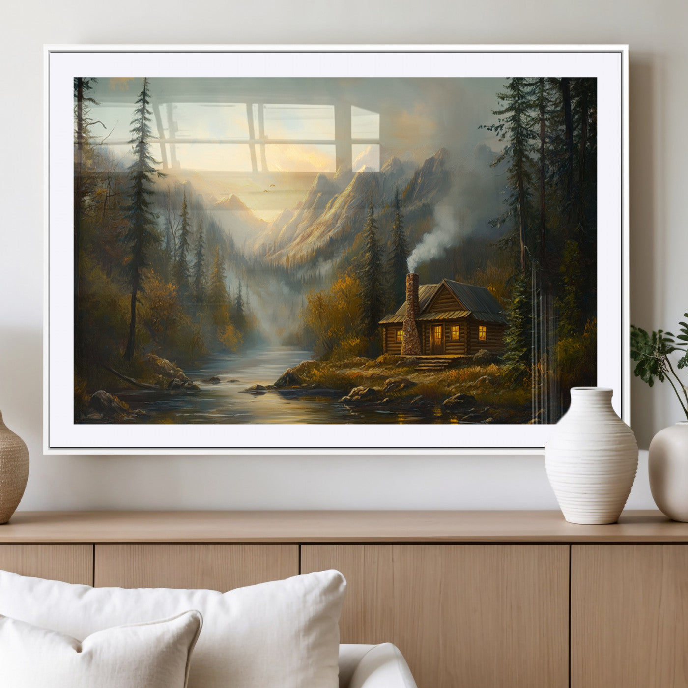 MGC-FP-36x24 - Wood Cabin Retreat Mountain at Sunset Wall Art Print - Serene Forest and River Landscape Wall Art