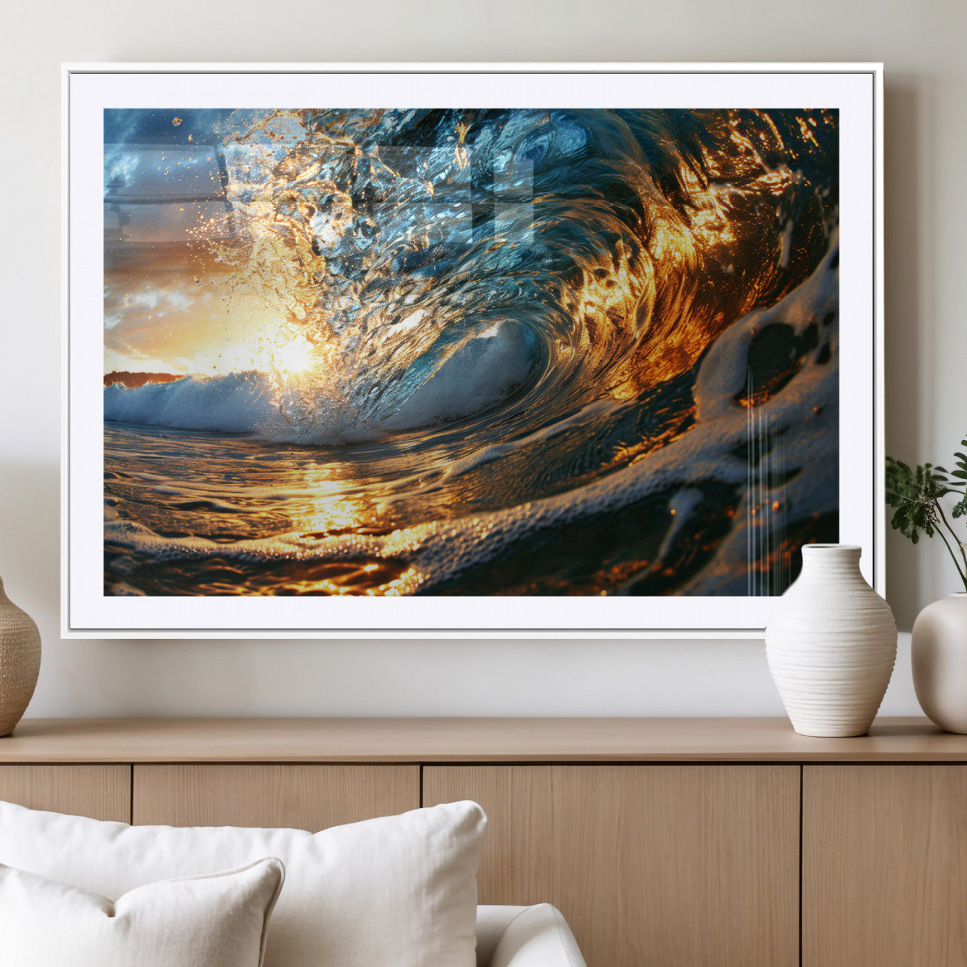 MGC-FP-36x24 - Ocean Wave at Sunset Canvas Wall Art – Vibrant Coastal Beach Waves Print, Large Nautical Decor,