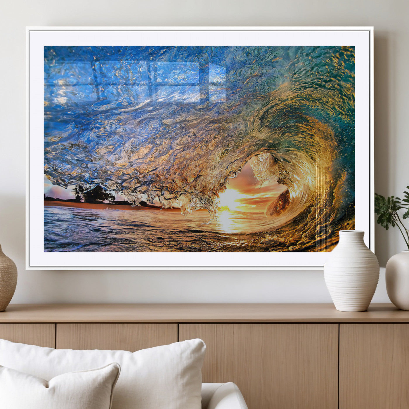 MGC-FP-36x24 - Ocean Wave at Sunset Canvas Wall Art – Vibrant Coastal Beach Waves Print, Large Nautical Decor,