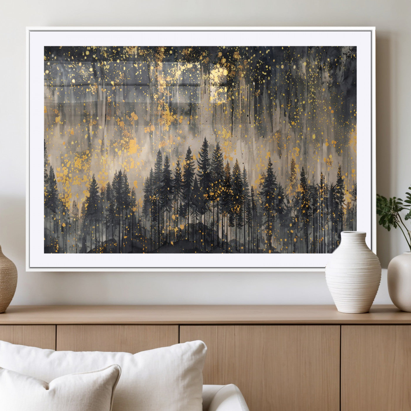 MGC-FP-36x24 - Golden Forest Abstract Wall Art | Dark Forest with Gold Splatter Accents | Triptych Ready to Hang