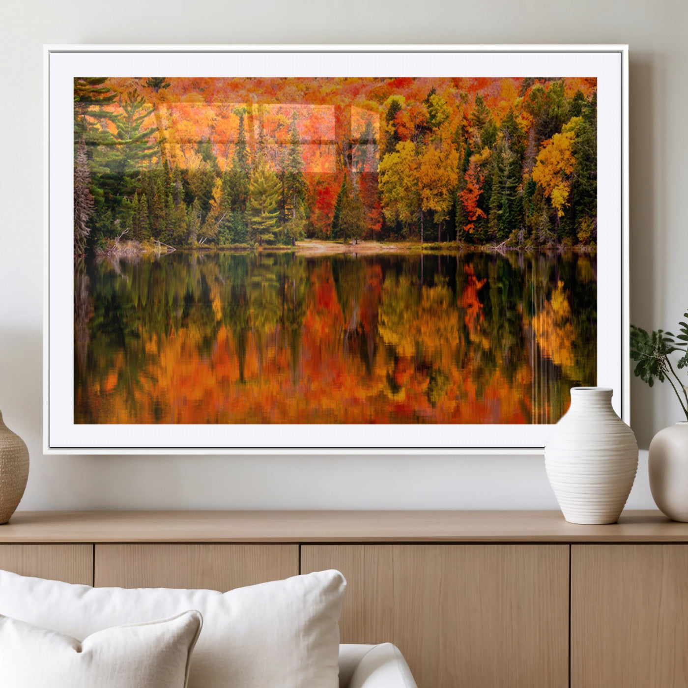 MGC-FP-36x24 - Forest Reflection Art | Autumn Forest Reflection Wall Art | Triptych Canvas Print | Vibrant Fall