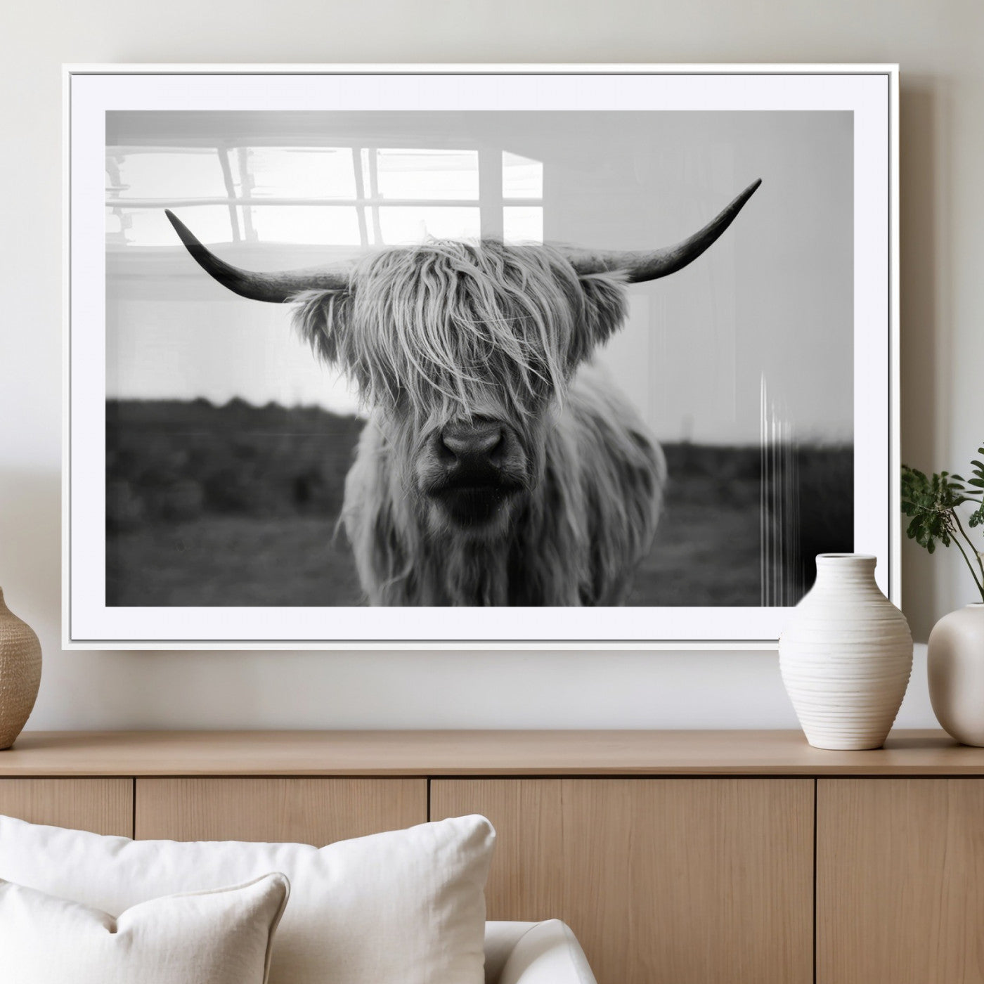 MGC-FP-36x24 - Highland Cow Wall Art | Black and White Farmhouse Decor | Triptych Canvas Print | Rustic Barn Decor