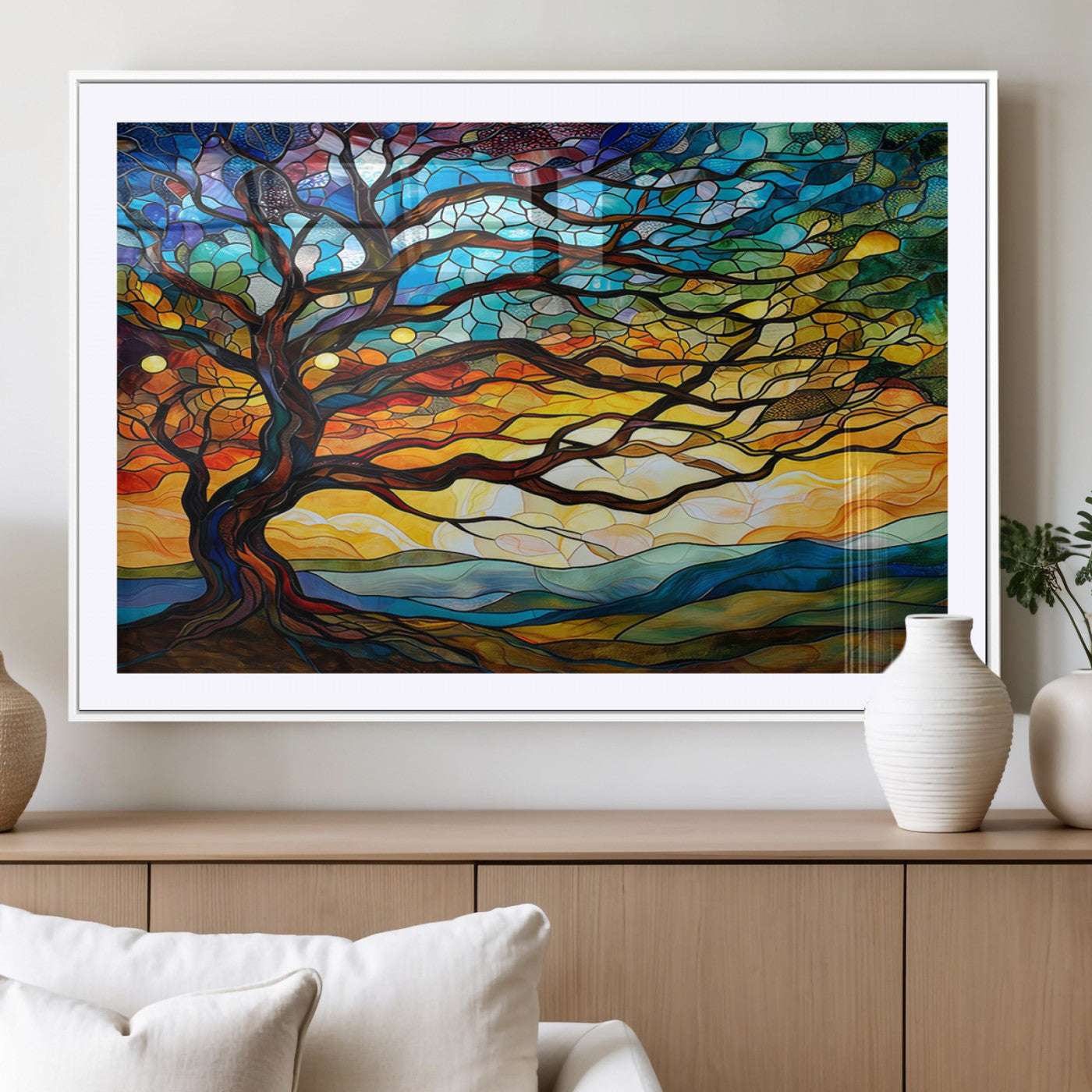 MGC-FP-36x24 - Mosaic Tree Wall Art | Ready to Hang Stained Glass Style Canvas Print | Farmhouse Wall Decor, Cabin