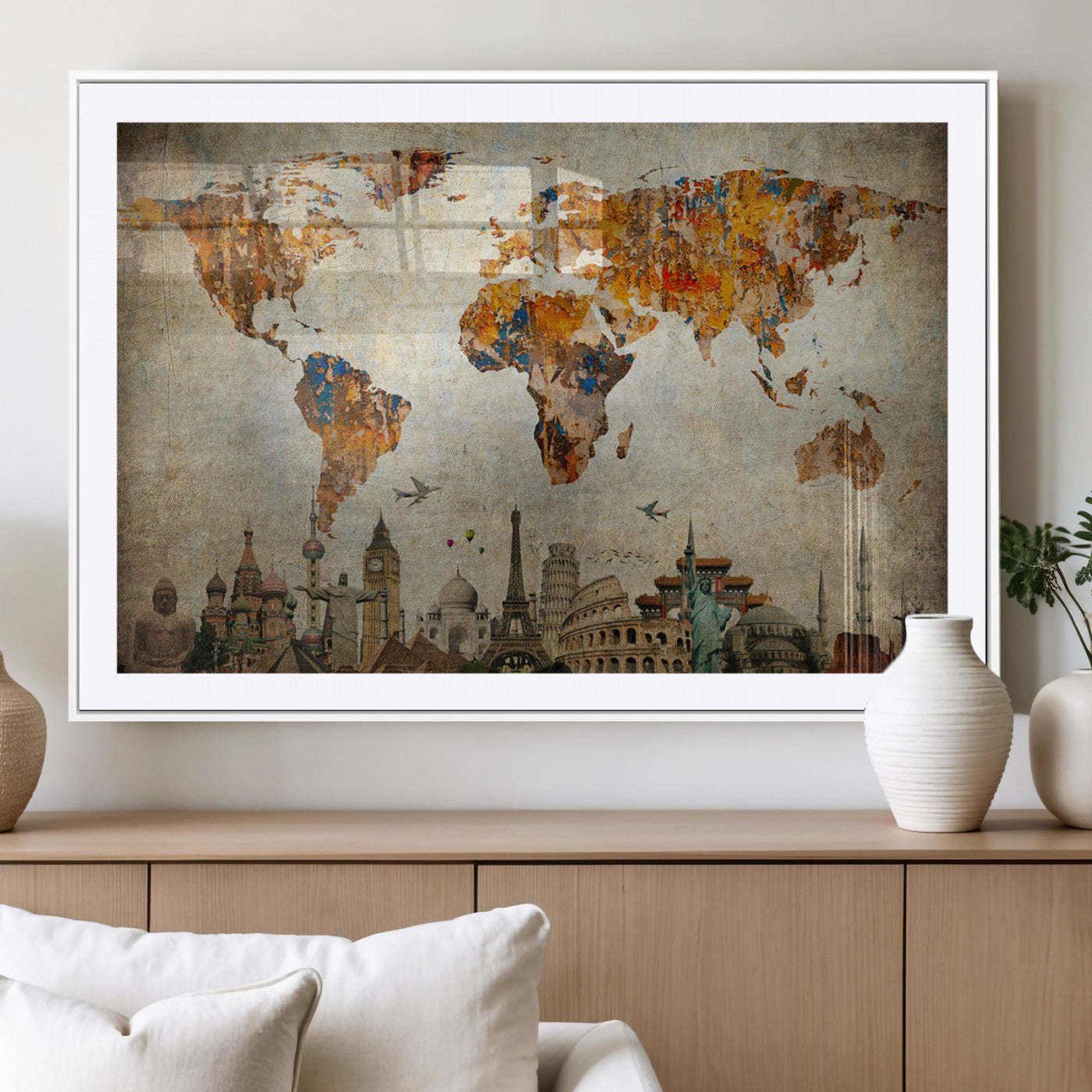 MGC-FP-36x24 - Push Pin World Map Canvas Print – Framed Wall Art for Couples to Track Their Travels – Anniversary