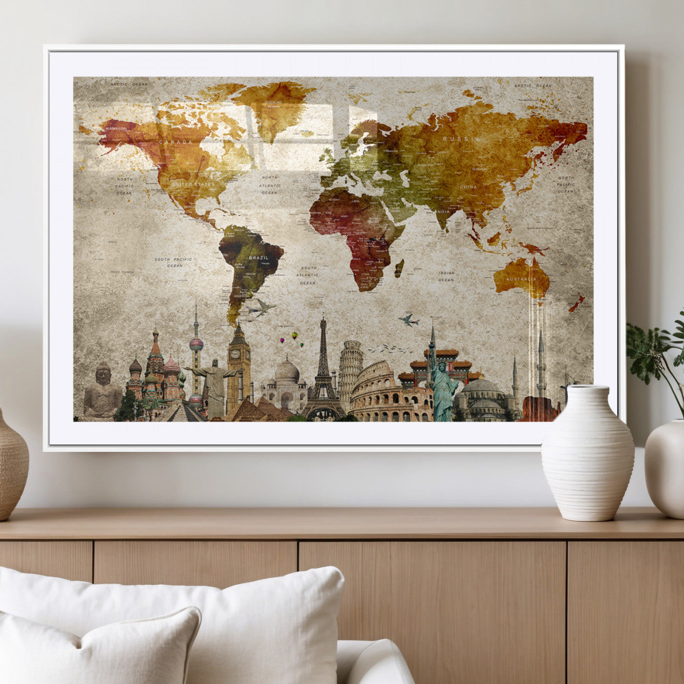 MGC-FP-36x24 - Push Pin World Map Canvas Print – Framed Wall Art for Couples to Track Their Travels – Anniversary