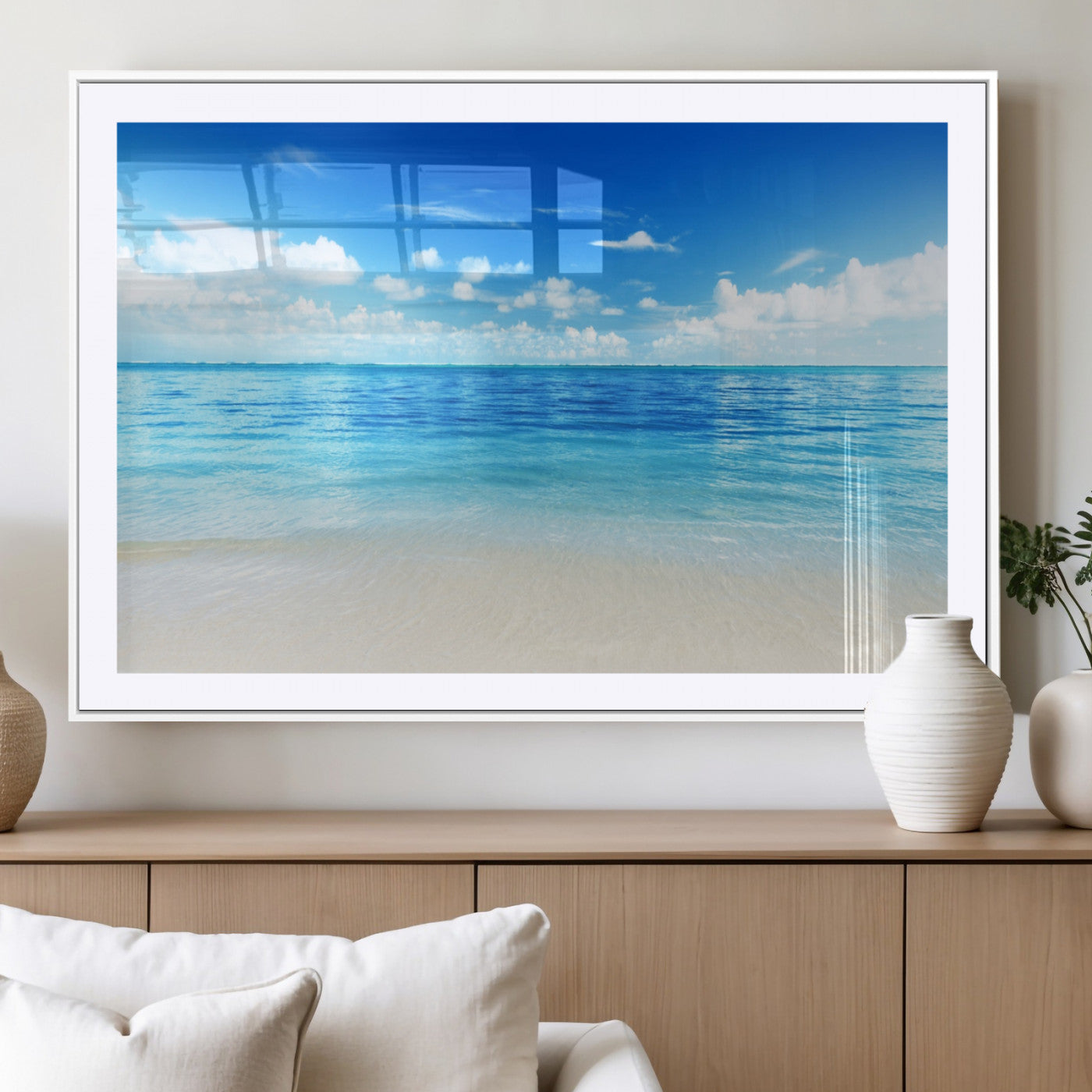 MGC-FP-36x24 - Beach Scene Canvas Wall Art Print – Tranquil Ocean Horizon and White Sand Beach Wall Decor for Home