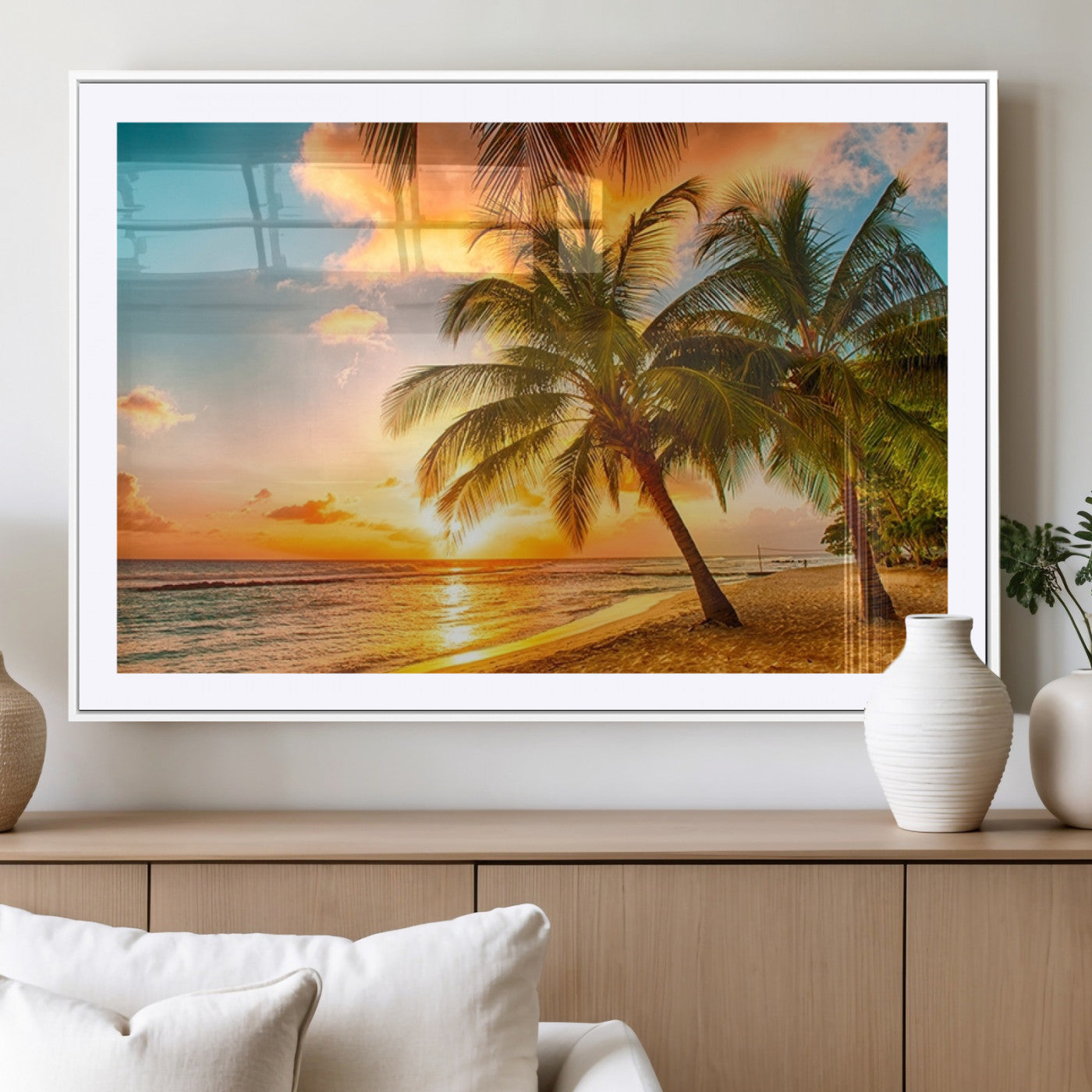 MGC-FP-36x24 - Tropical Sunset Beach Canvas Wall Art Print – Vibrant Palm Trees and Coastal Sunset Wall Decor for