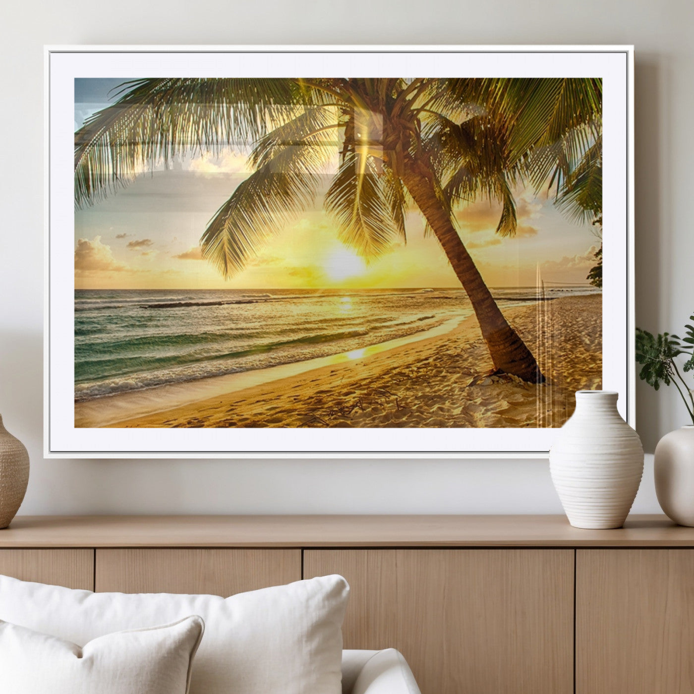 MGC-FP-36x24 - Beach Sunset Canvas Wall Art Print - Tropical Beach Canvas Wall Art Print – Vibrant Palm Trees and