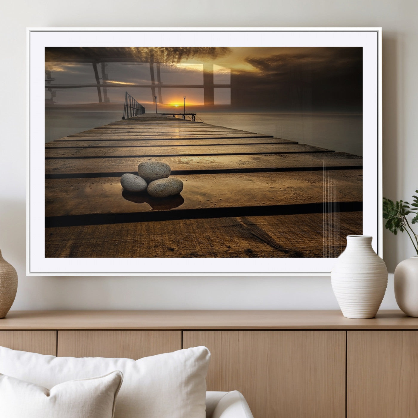 MGC-FP-36x24 - Stones on Wooden Pier at Sunset Canvas Print, Serene Coastal Wall Art, Beach Sunset Photography,