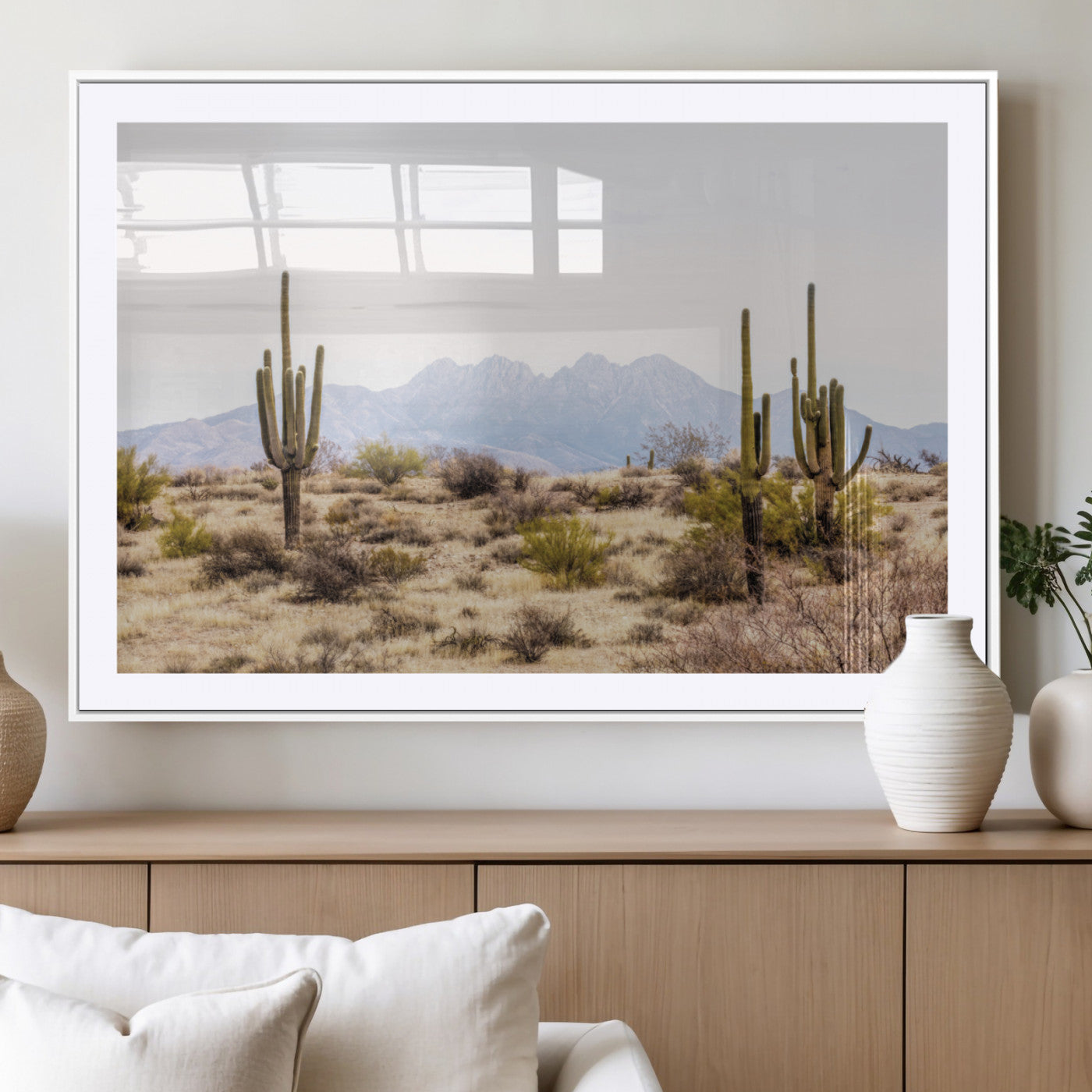 -Desert Cactus Canvas Wall Art – Serene Southwestern Arizona Landscape with Majestic Mountains -