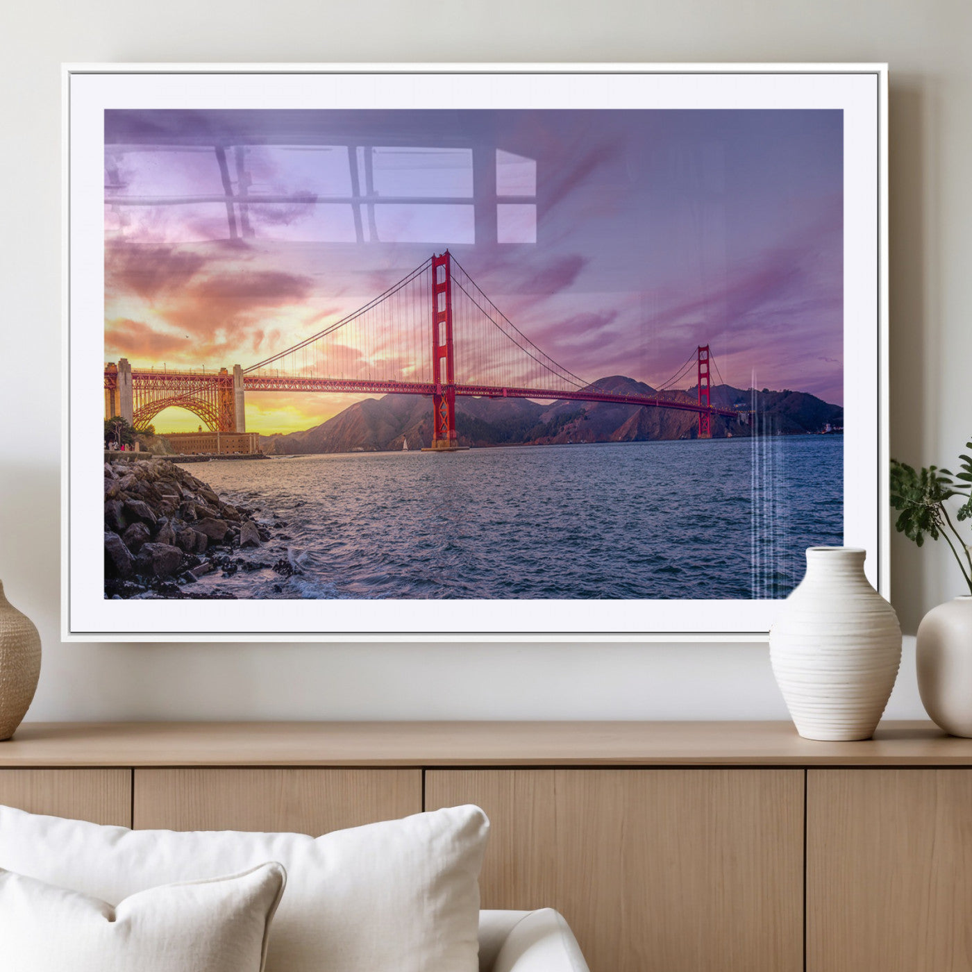 MGC-FP-36x24 - Golden Gate Bridge Wall Art Print, San Francisco Sunset Canvas Wall Art, Cityscape Canvas Print for