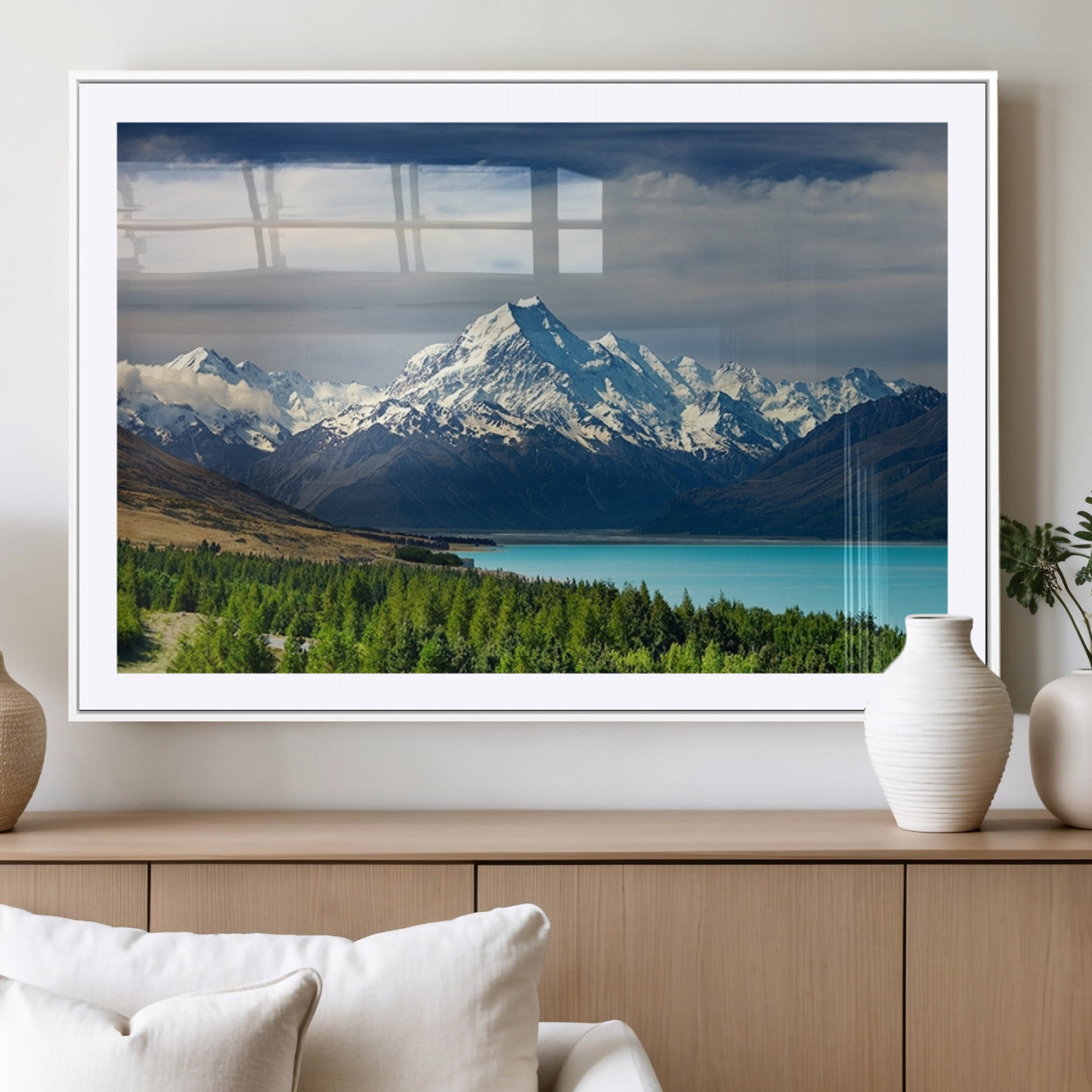 MGC-FP-36x24 - Mount Cook and Lake Pukaki Canvas Wall Art Print – Majestic Snow-Capped Peaks and Serene Lake Wall