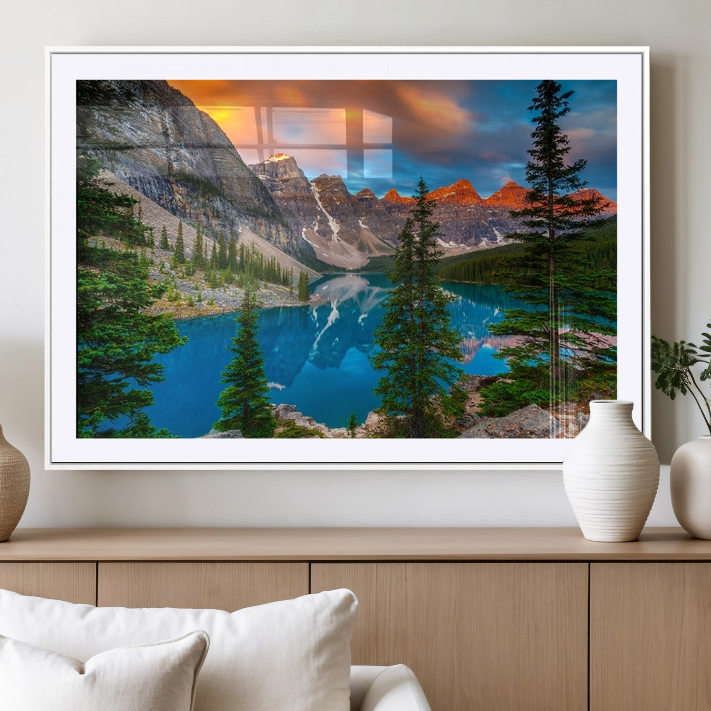 MGC-FP-36x24 - Canadian Rockies Moraine Lake Wall Art Canvas Print, Pine Trees Mountain Spring Canvas Print
