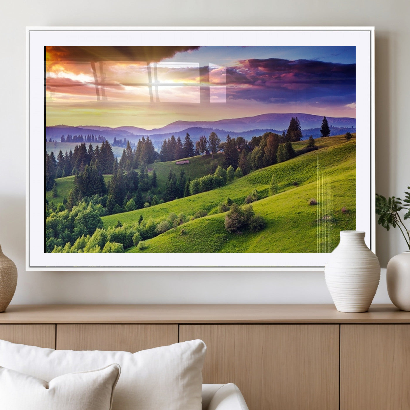 MGC-FP-36x24 - Green Hills and Sunset Wall Art Print - Scenic Landscape with Lush Greenery and Vibrant Sky, Ready