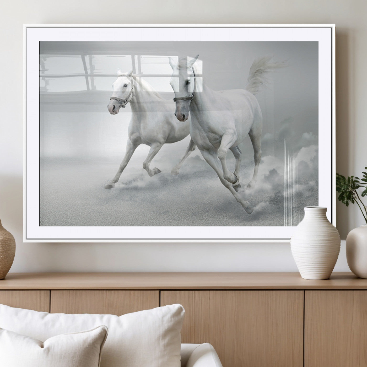 MGC-FP-36x24 - Large Wall Art Animal Canvas Print - Beautiful Running White Horses