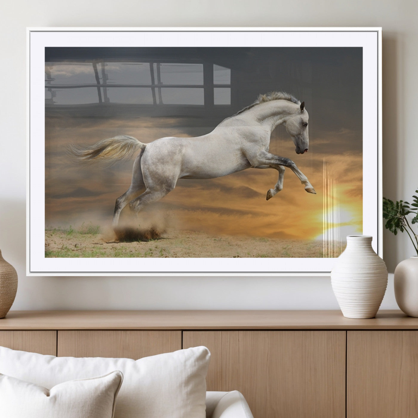 MGC-FP-36x24 - Large Wall Art Animal Canvas Print - White Jumping Horse at Sunset