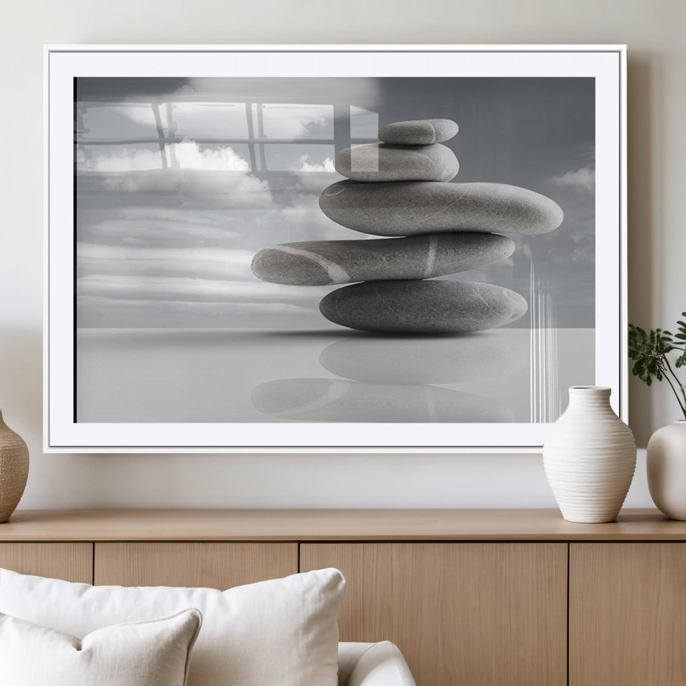 MGC-FP-36x24 - Still Life Black and White Zen Stones Wall Art Canvas, Framed Black and White Zen Stones Canvas
