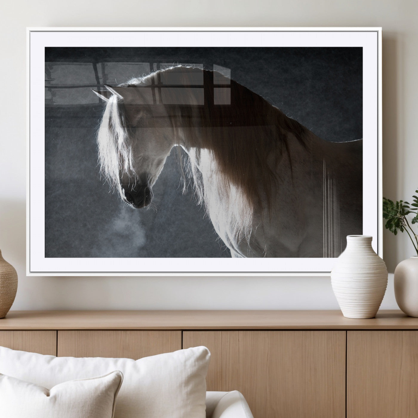 MGC-FP-36x24 - Large Wall Art Cream Colored Horse on Grey Background Canvas Print