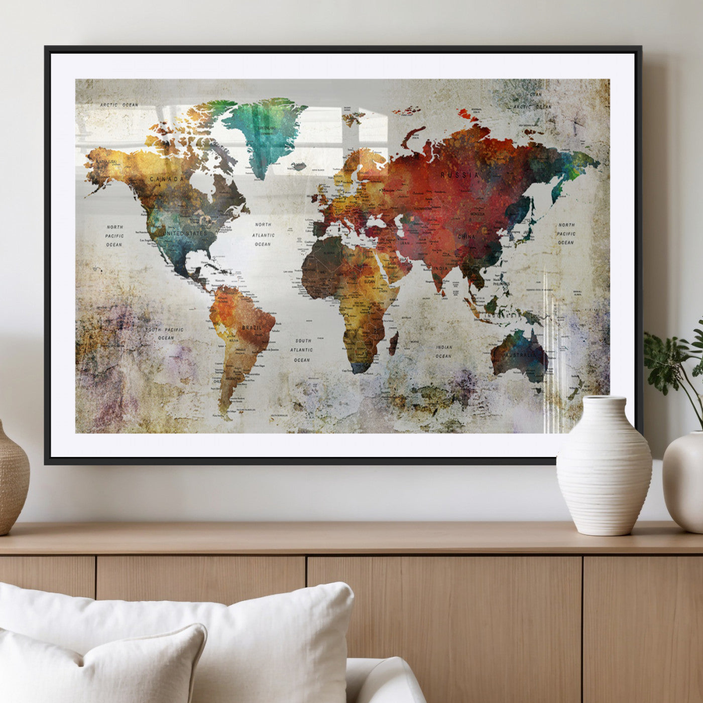 -Push Pin World Map Canvas Print – Framed Wall Art for Couples to Track Their Travels – Anniversary