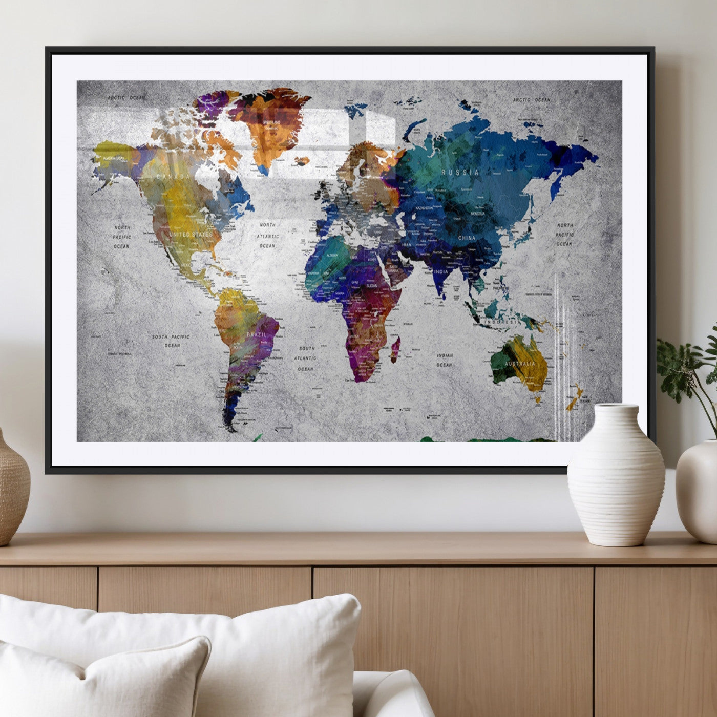 MGC-FP-36x24 - Push Pin World Map Canvas Print – Framed Wall Art for Couples to Track Their Travels – Anniversary
