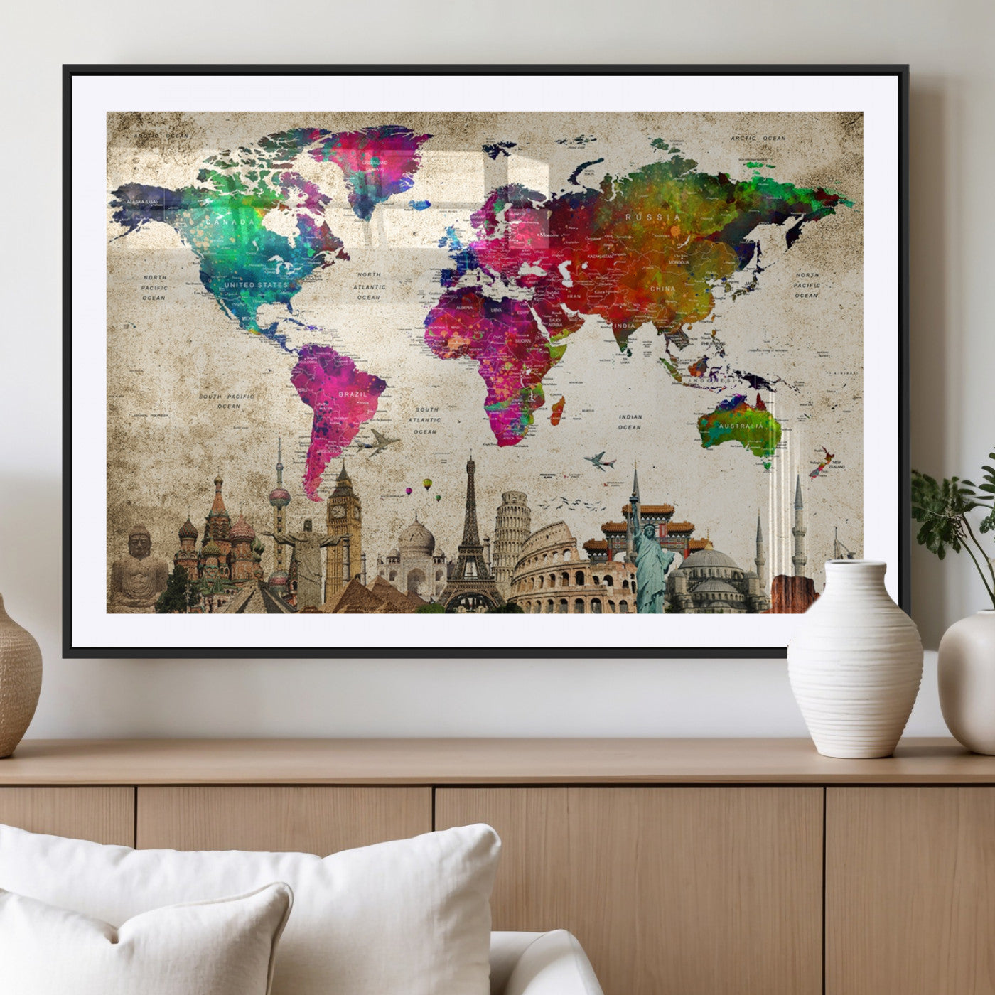 MGC-FP-36x24 - Push Pin World Map Canvas Print – Framed Wall Art for Couples to Track Their Travels – Anniversary